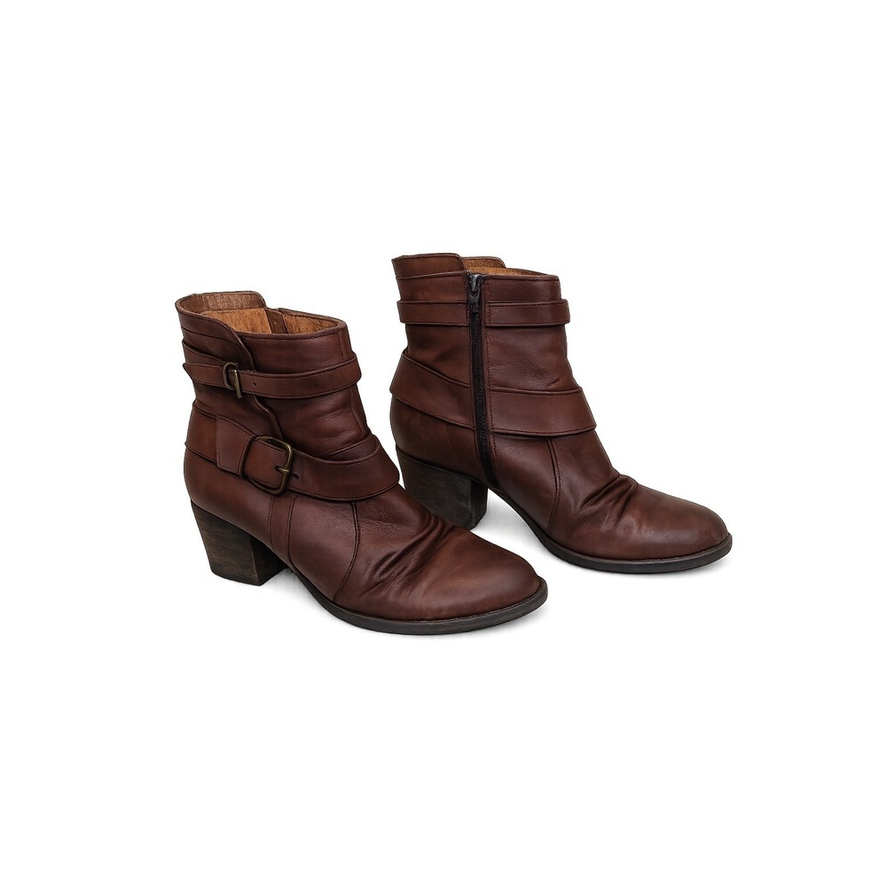 Naya Virtue Ankle Boots Womens 9W Brown Leather Buckle Strap Moto Block Heel